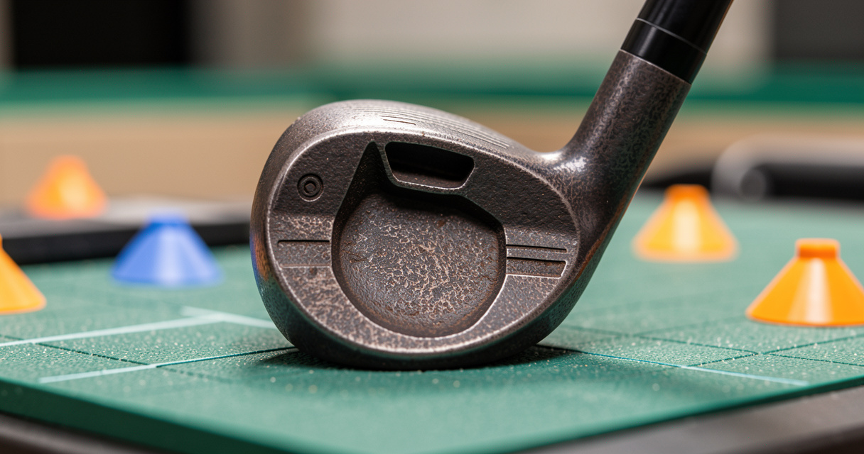 Cast iron cavity back with perimeter weighting on golf fitting mat