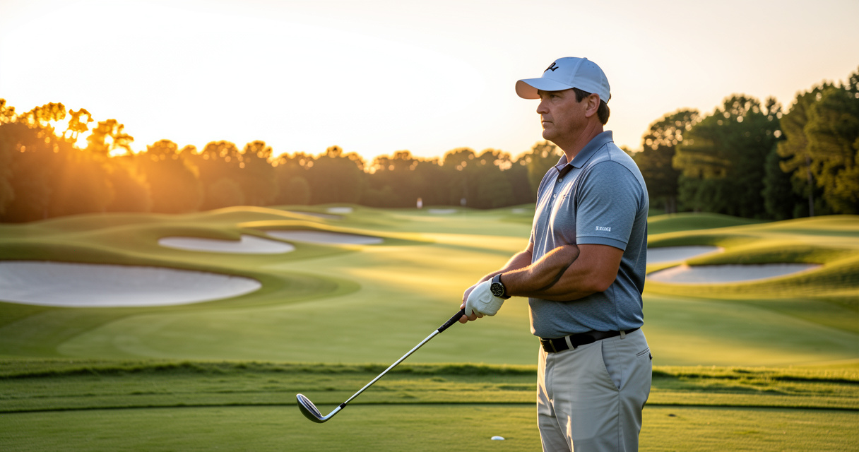 Golfer using course management strategy on tee box with fairway bunkers in morning light