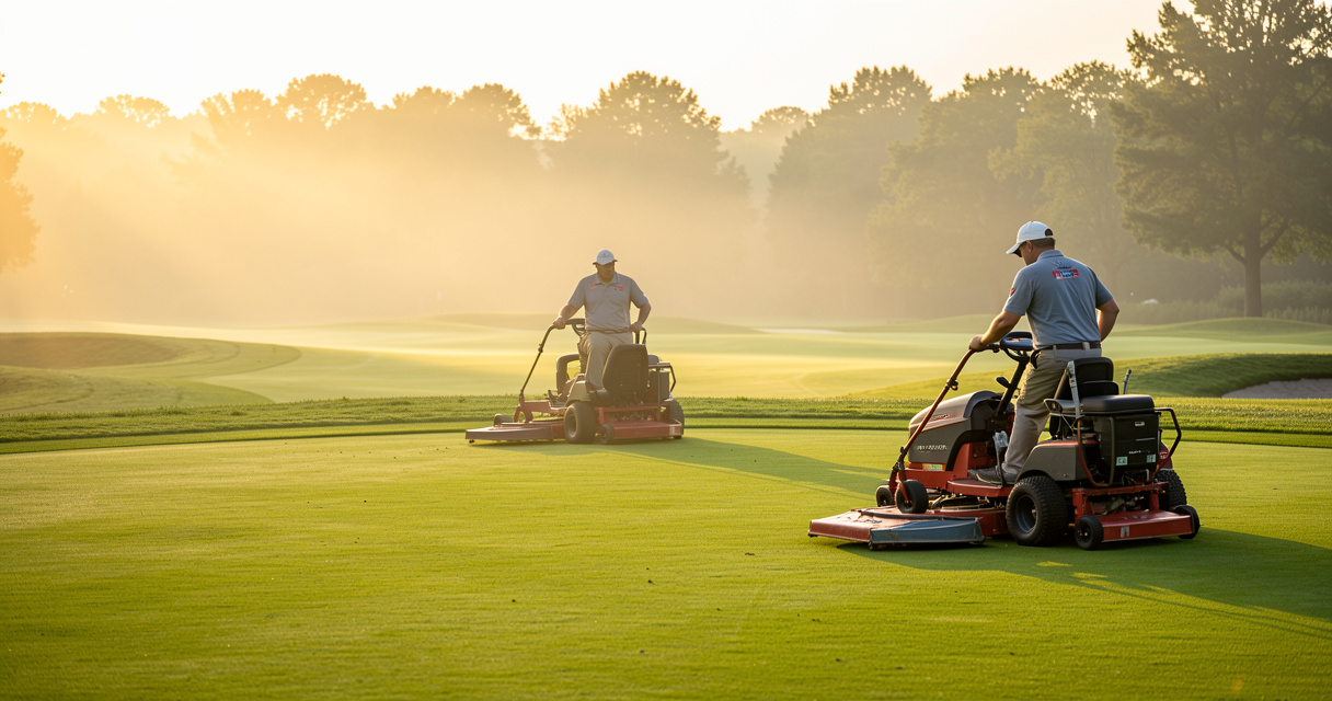 Golf course maintenance team mowing green for optimal playing conditions at dawn
