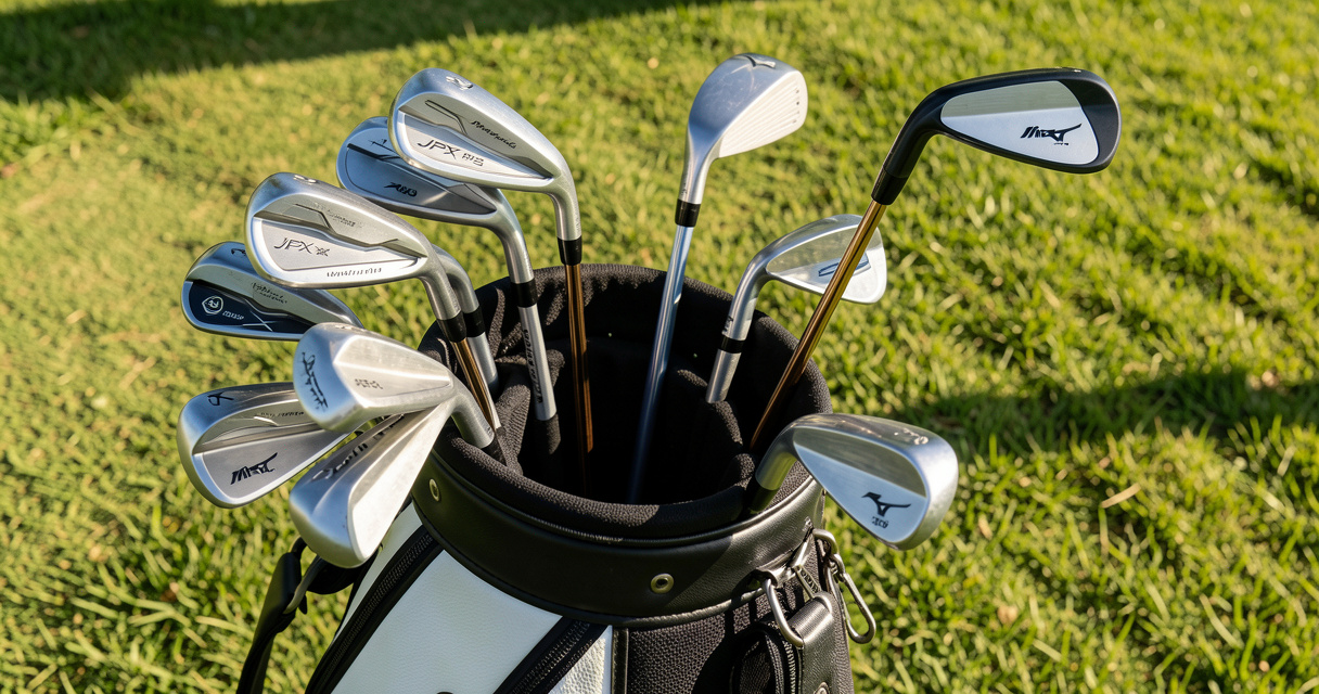 Custom blended set of Mizuno single irons in golf bag JPX Hot Metal Pro 223 and MP-20