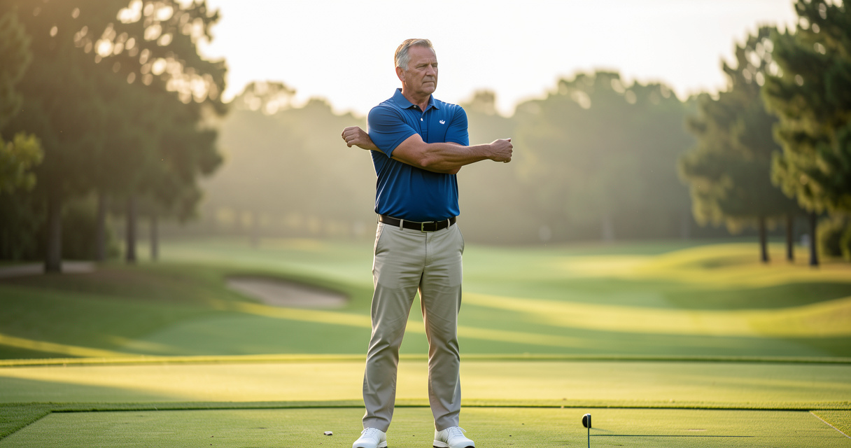 Golfer doing a shoulder cross-body stretch before a round on the tee box