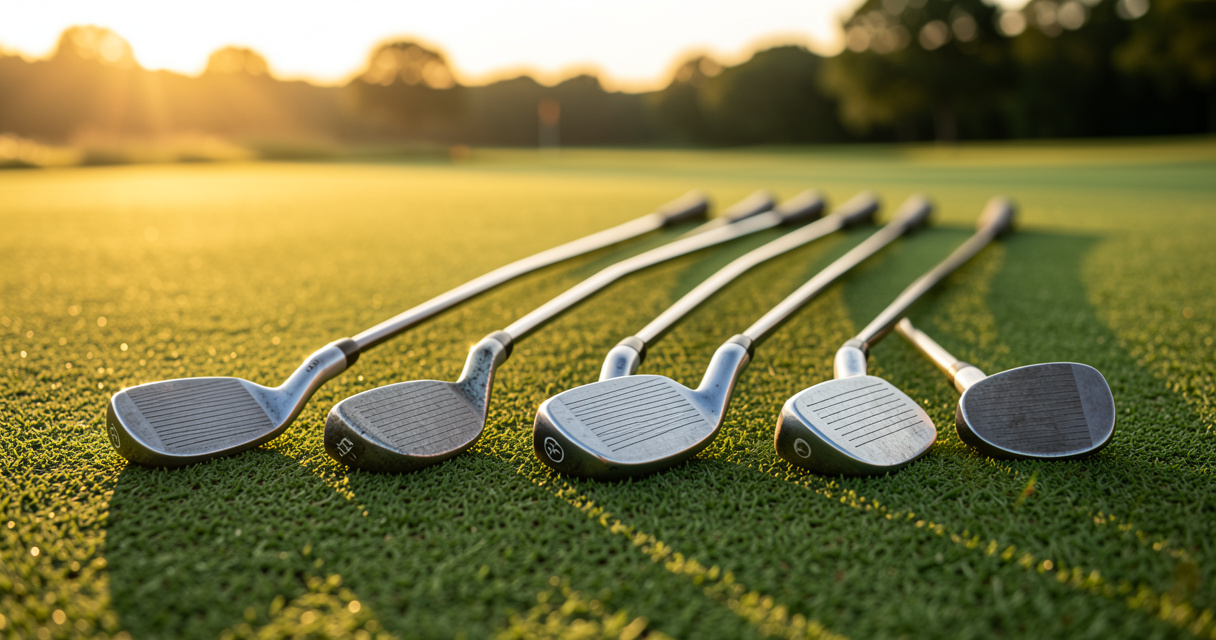 Set of used left handed golf iron clubs arranged on grass – inspect before buying