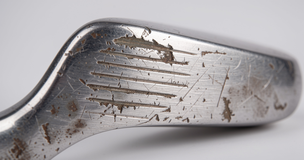 Close up of worn grooves on a used left handed golf iron face for condition grading