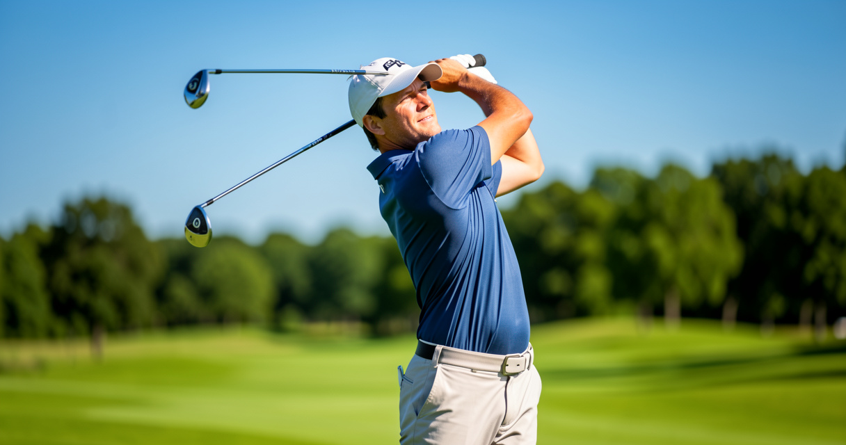 Golfer swinging a 4 iron from a 4-PW iron set on a fairway