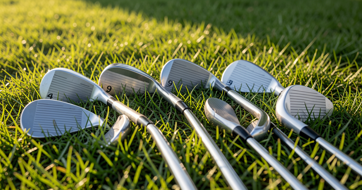 Set of six inexpensive golf irons laid out on grass, featuring a modern forgiving design for budget-conscious players.