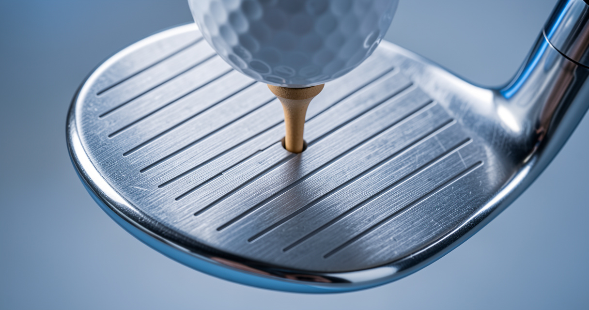 Close-up of a golf club face with grooves and a ball, showing the quality of affordable golf irons in 2026.