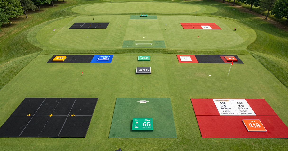 Overhead view of golf course tee boxes with slope rating signs for each set of tees