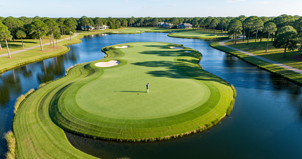 Aerial view of TPC Sawgrass stadium course 17th island green with golfer teeing off