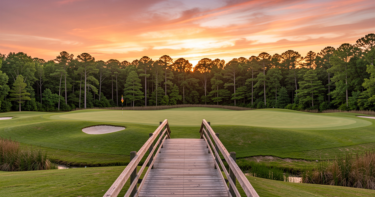 Panorama of 10th green and 11th tee at Kiskiack Golf Club Virginia sunset