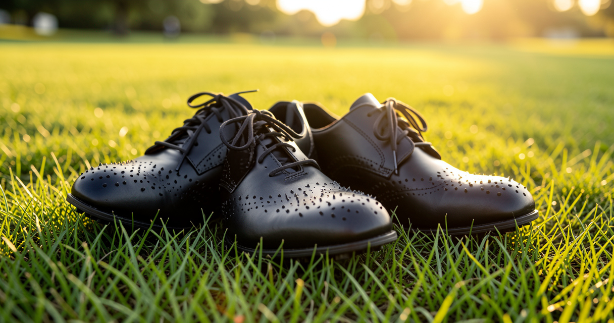 Black spikeless golf shoes resting on green grass in morning light