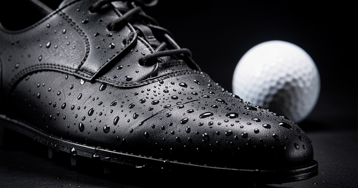 Waterproof black leather golf shoe with water beads visible