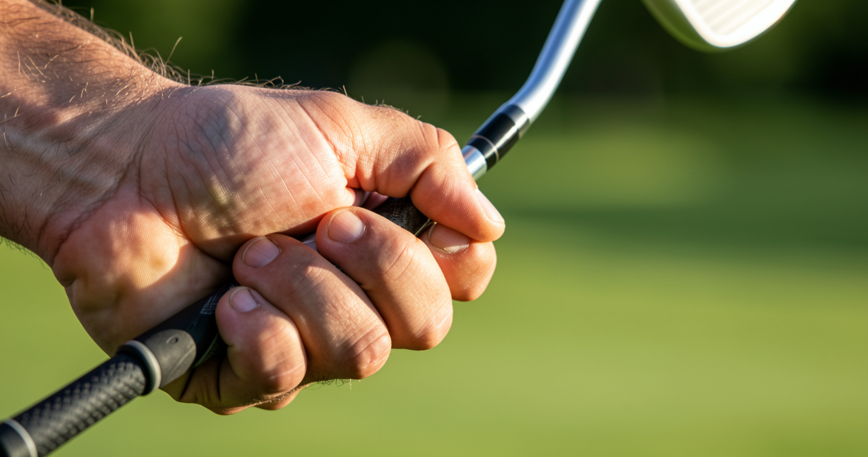 Close-up of correct golf grip in fingers with grip across base of fingers and heel pad