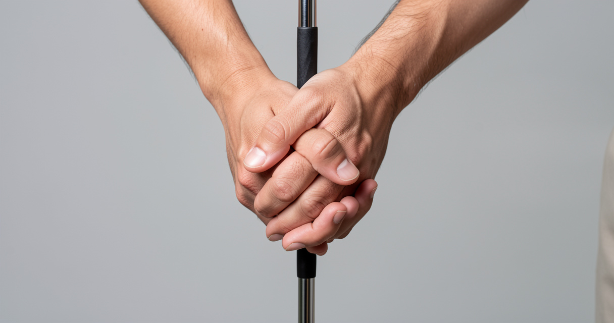 Interlocking finger grip on golf club showing both hands positioned correctly