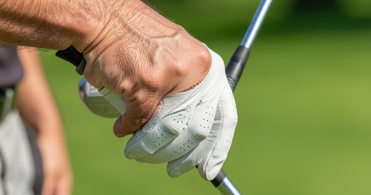 Left handed golf grip picture showing correct lead hand placement with diagonal finger line