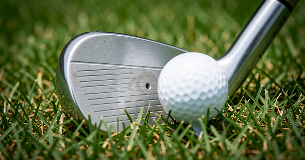 Blade iron small sweet spot close up on grass golf ball