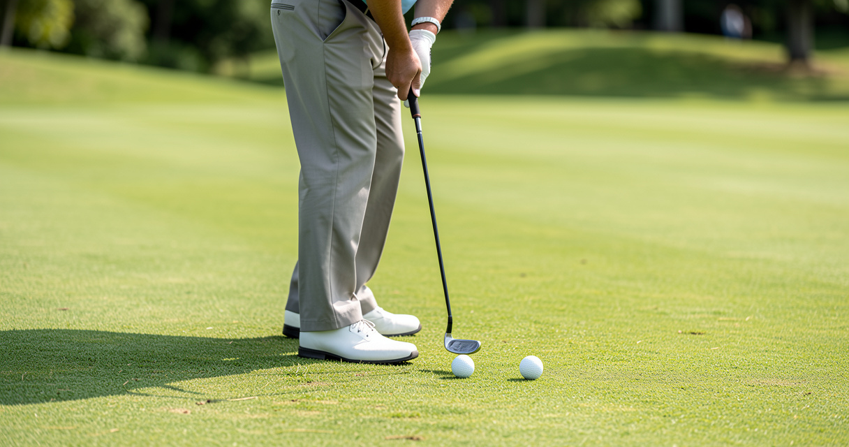 Golfer chipping with ball in back stance position for low trajectory shot
