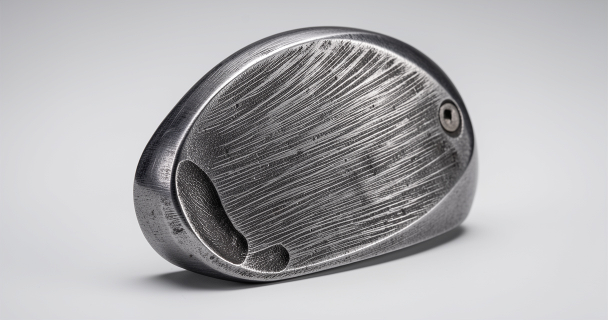 Close-up of forged iron clubhead showing metal grain and muscle back design