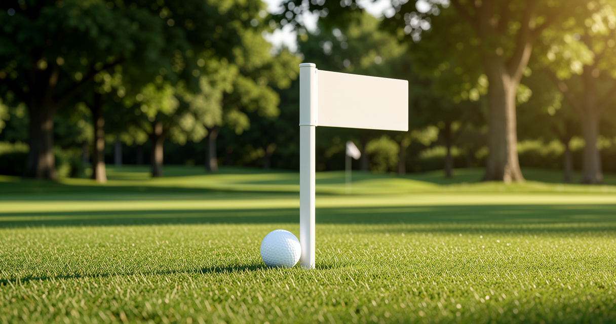 White out of bounds post on a golf course with a ball next to it, rules scenario