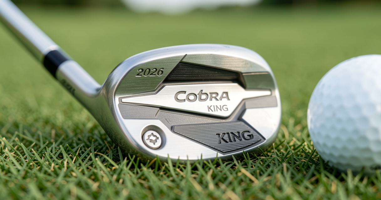 2026 Cobra KING iron head on grass showing 3D printed cavity and orange accents