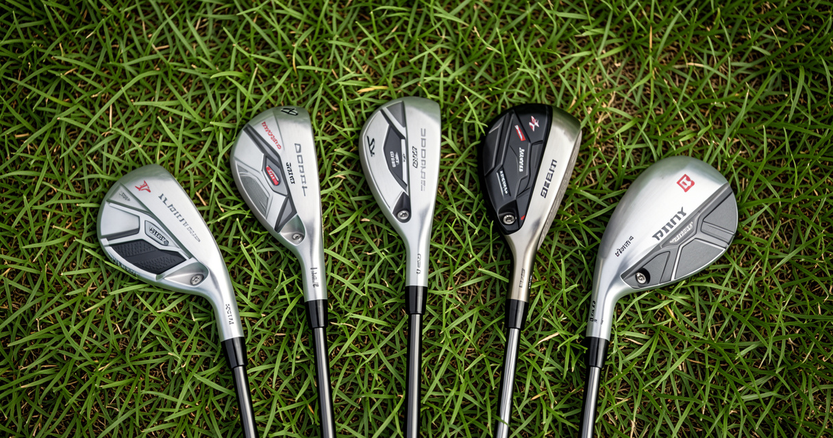 Top-down view of five best lefty iron sets from 2026 arranged on grass