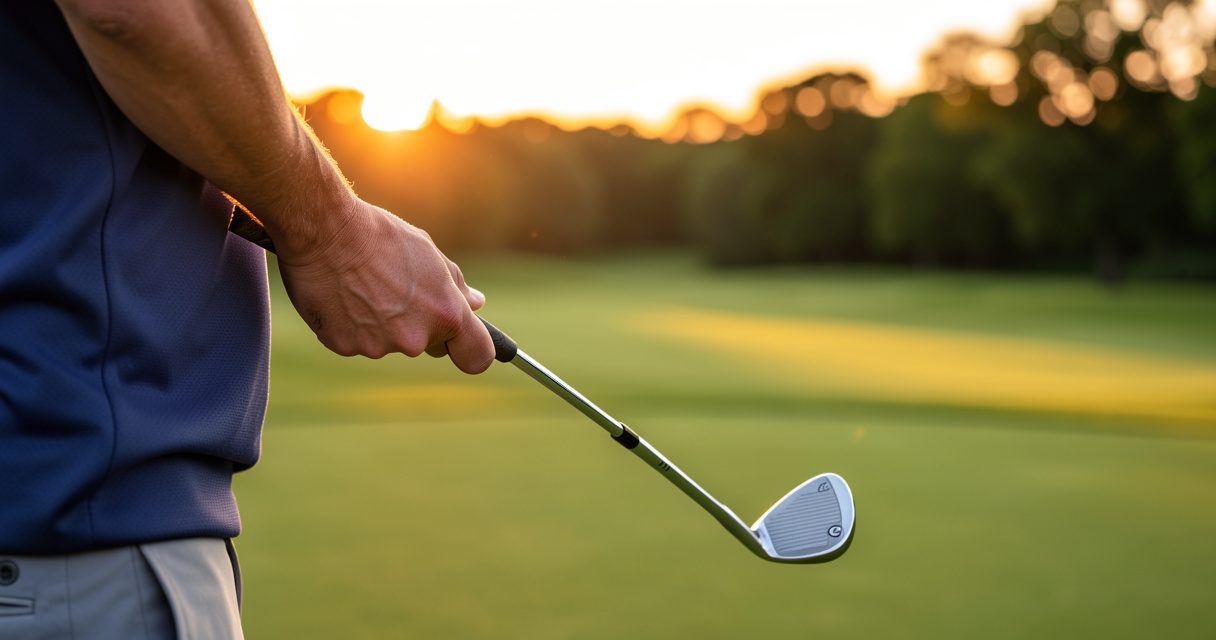Left-handed golfer addressing ball with Ping G440 iron set at sunset