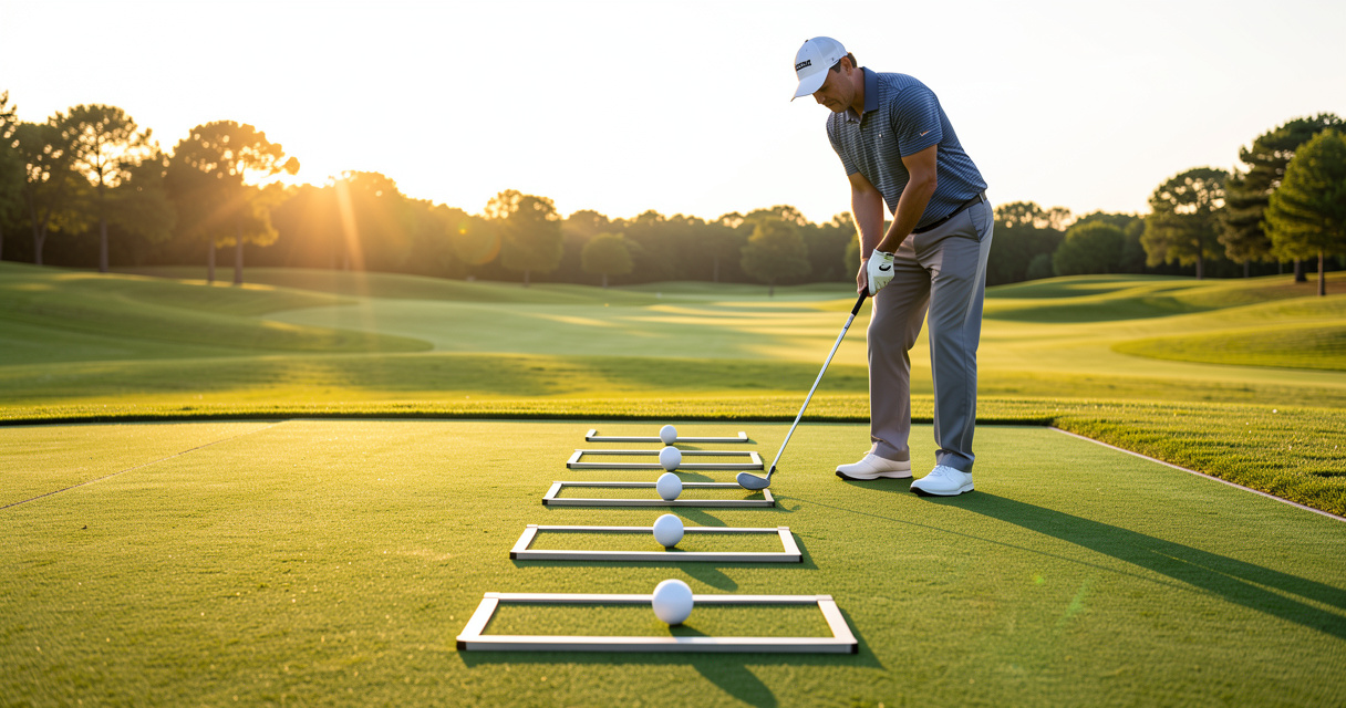 Golf balls spaced for ladder putting drills on a practice green