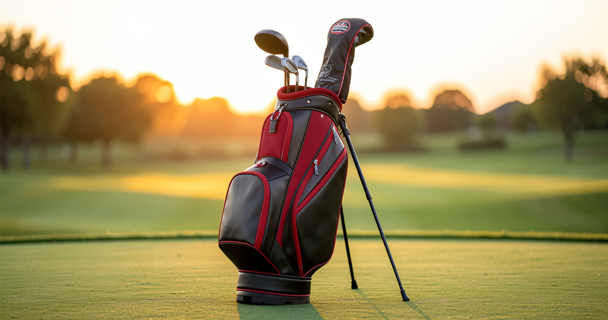 Red and black golf stand bag on a tee box at sunrise, no text