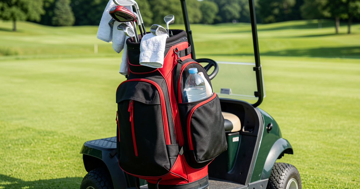 Red and black golf cart bag strapped to a cart on a green fairway