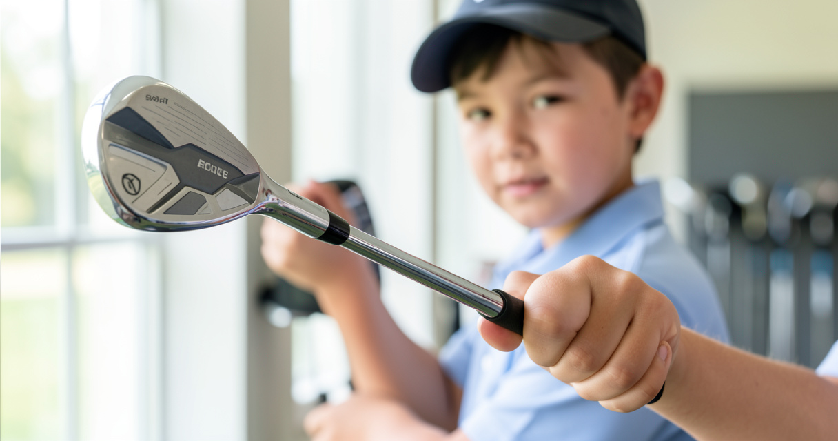 Junior golfer gripping a US Kids Tour Series steel-shaft iron during a fitting