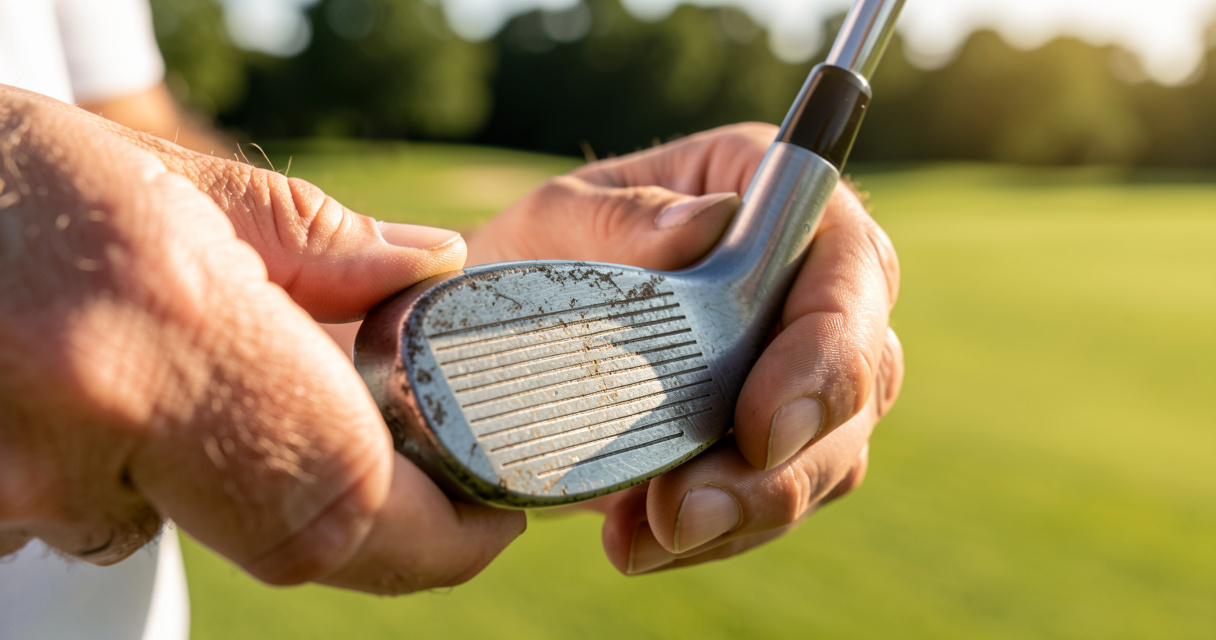 Close-up of used mid handicap irons with cavity back in sunlight
