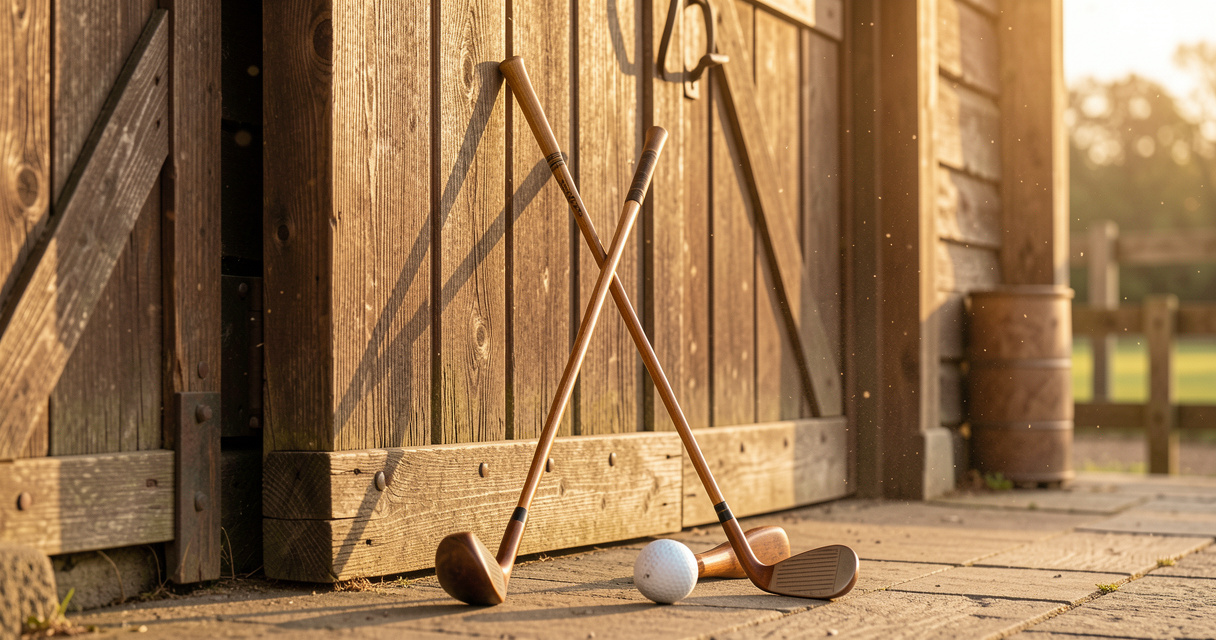 Vintage golf set with hickory shafts and leather grips by clubhouse door