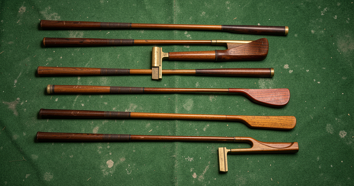 Complete vintage golf set with persimmon woods on green felt, overhead view