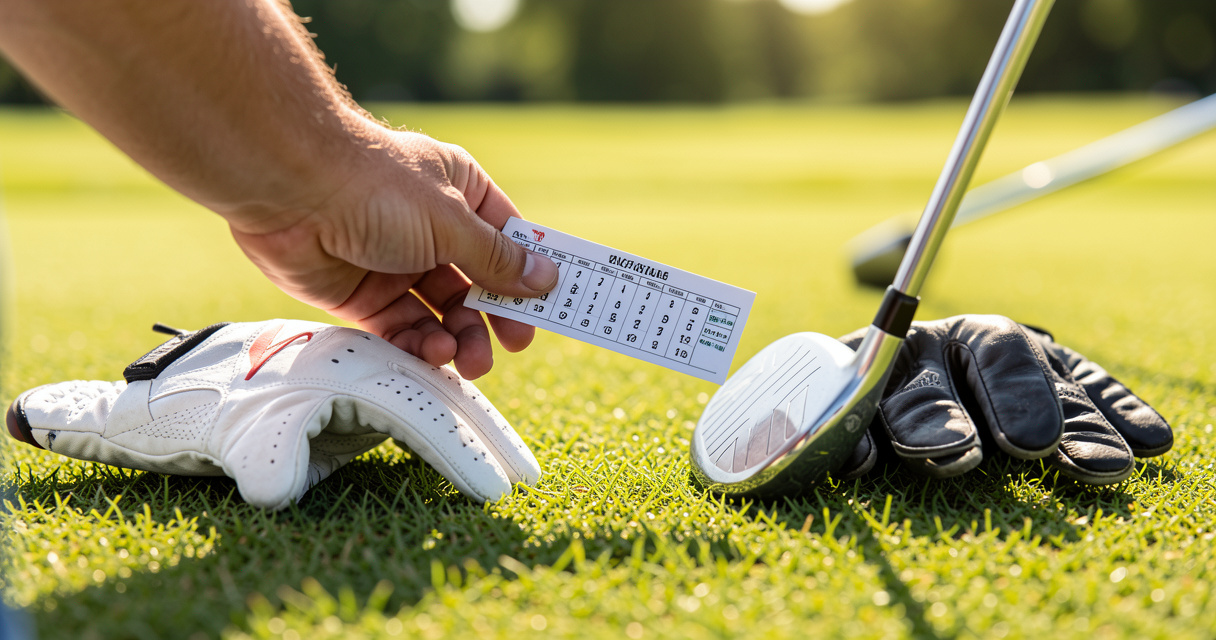 Golf terms for beginners with scorecard and glove on a golf cart