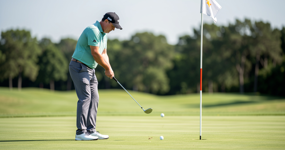 Golf up and down chip shot with wedge toward green flagstick