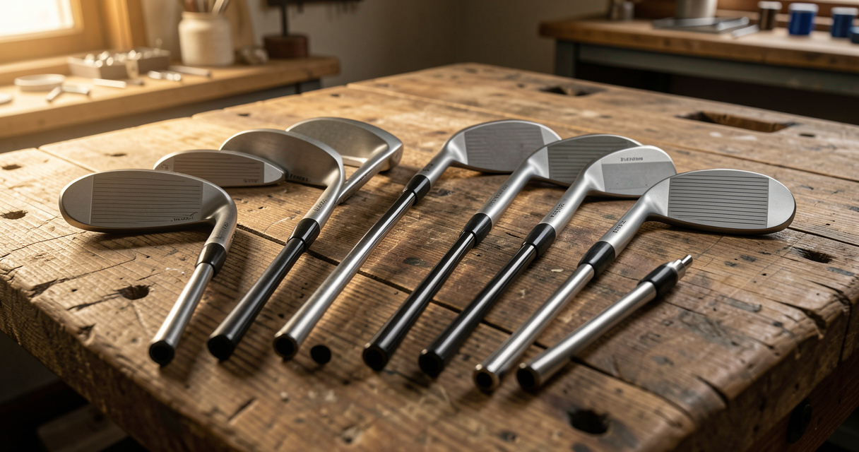 Chronological lineup of forged blade irons fanned on a clubmaker workbench