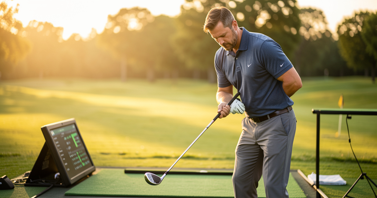 Intermediate golf club sets: irons and woods lined up on the range