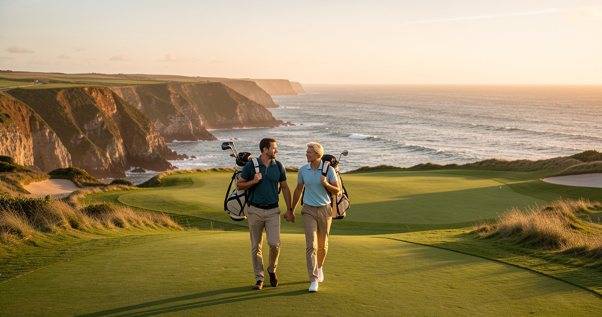 Couples golf vacations on a scenic coastal course at golden hour