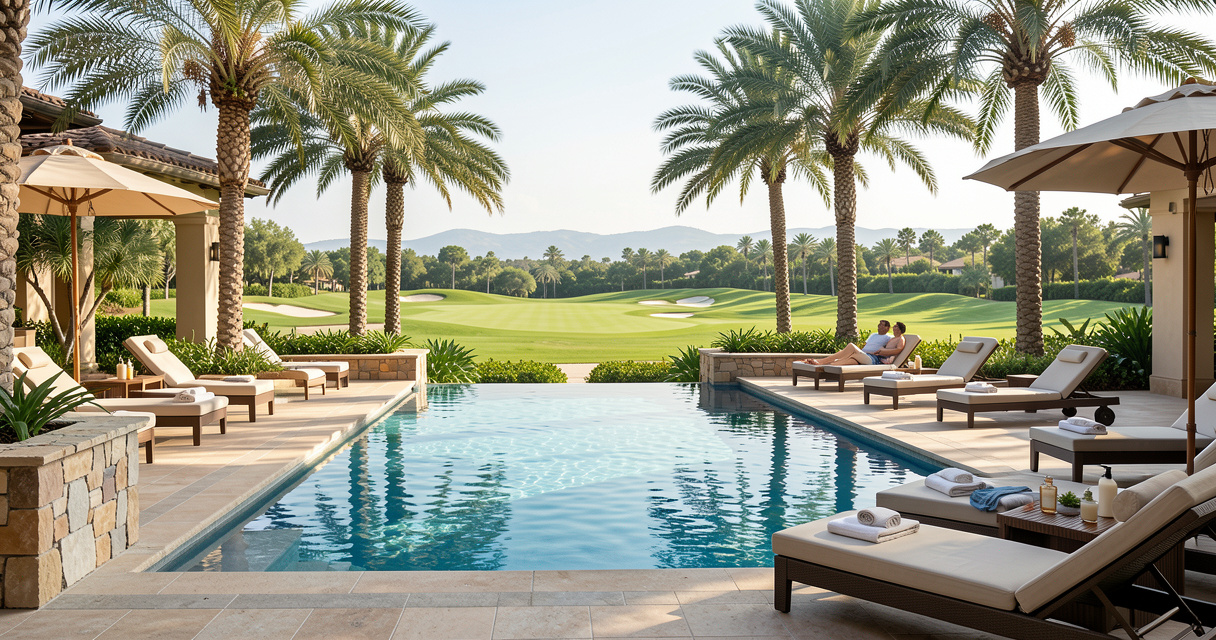 Luxury couples golf trip balancing spa pool time and palm trees