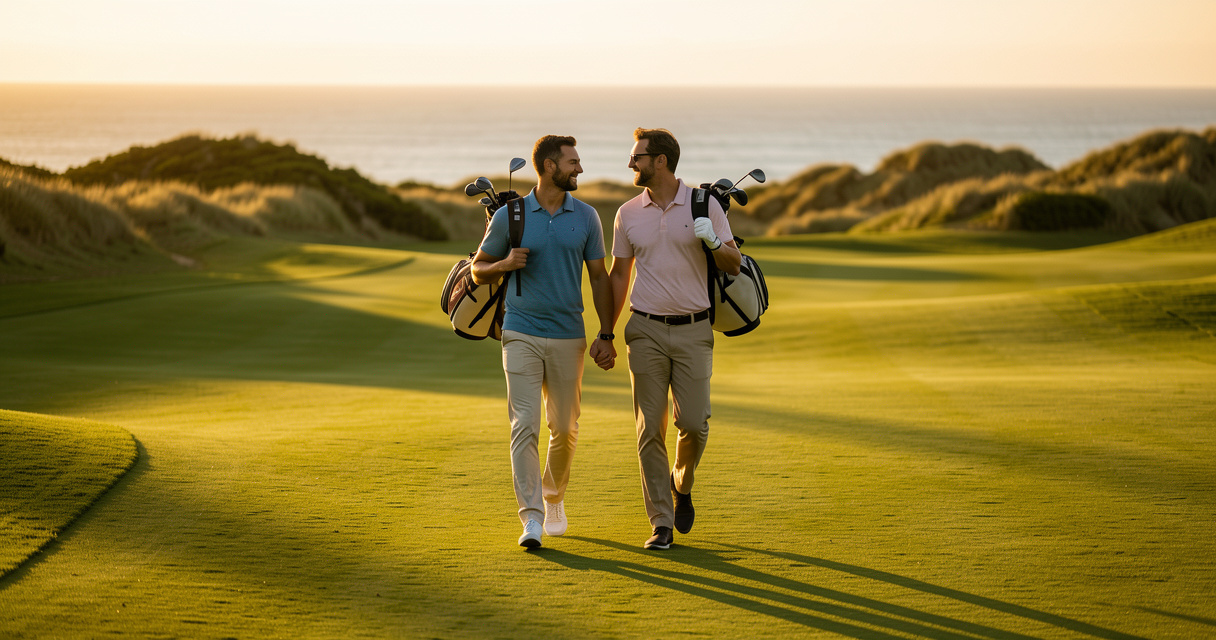 Couple walking a scenic fairway at sunset on a romantic golf getaway