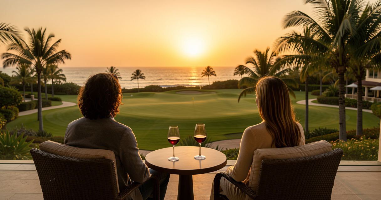 Couples golf trip terrace overlooking the 18th green at a romantic resort